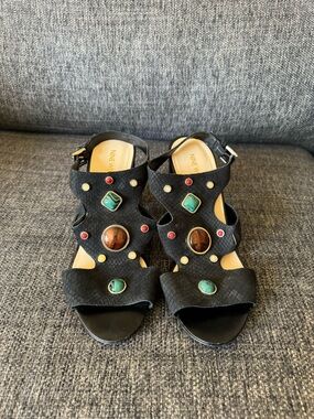 Nine West Black Embellished Strappy Heels with Multicolor Stones